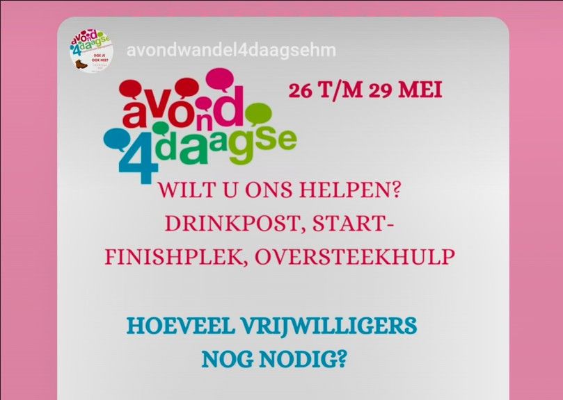 WIE KOMT HELPEN! De Avond4Daagse Harbrinkhoek zoekt helpers en vrijwilligers voor 26 t/m 29 mei.